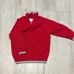 Red Knit Sweater with Gray Trim
